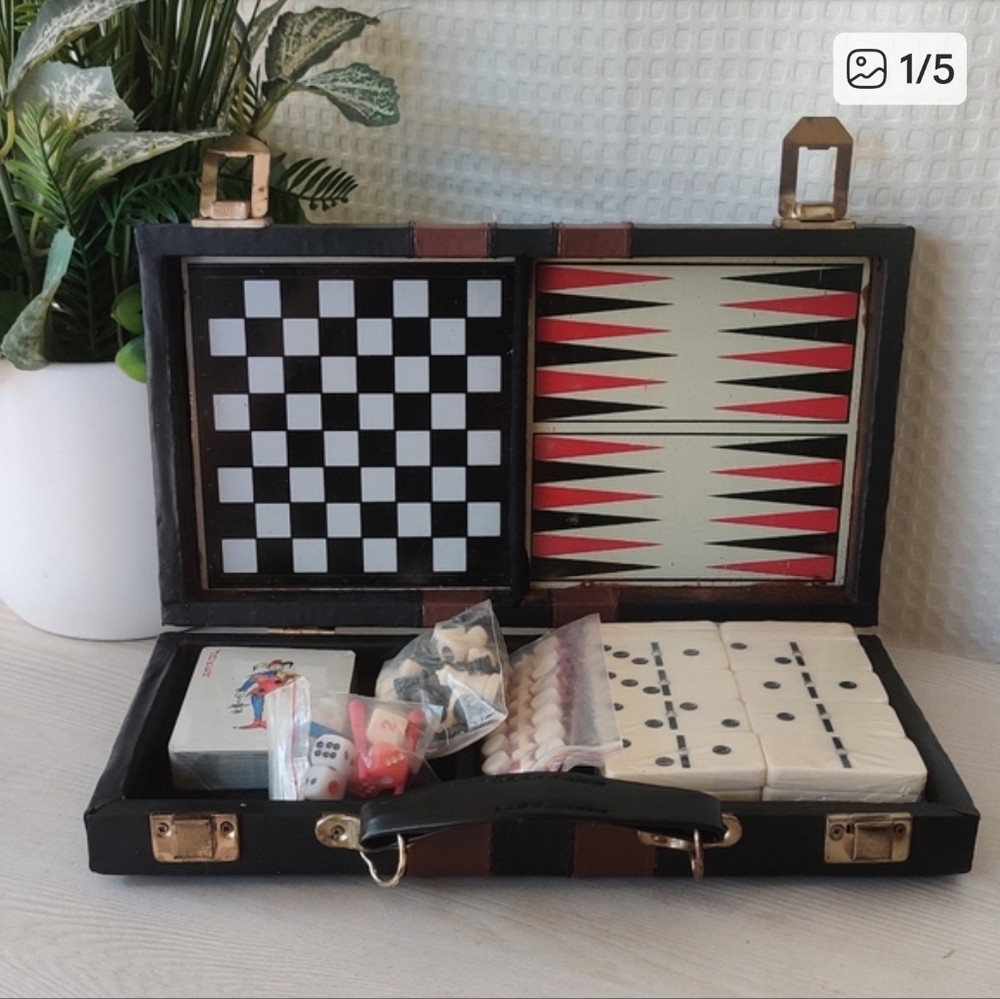 Vintage Magnetic Mini Travel Game Set in a Brown Faux Leather Carrying Case.
